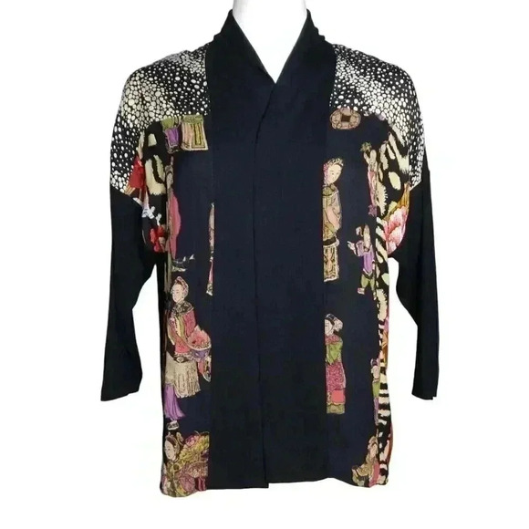 HARARI Oriental Print Open Cardigan Sweater Women's Size XS Colorful Art-to-Wear - Picture 8 of 10